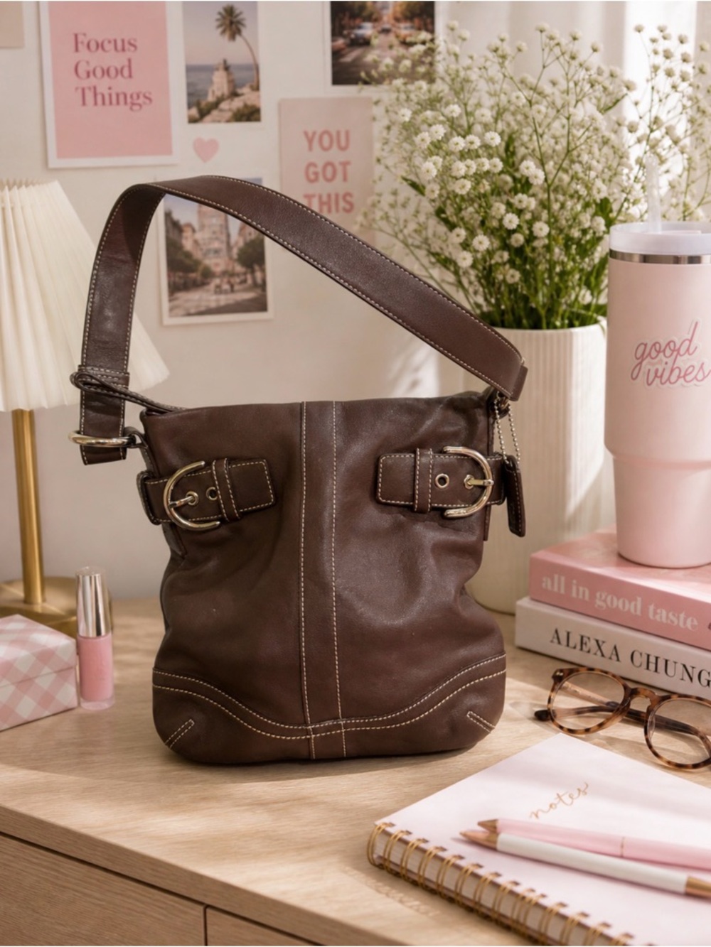 Coach Brown Leather vintage Shoulder Hobo with Buckle Trim